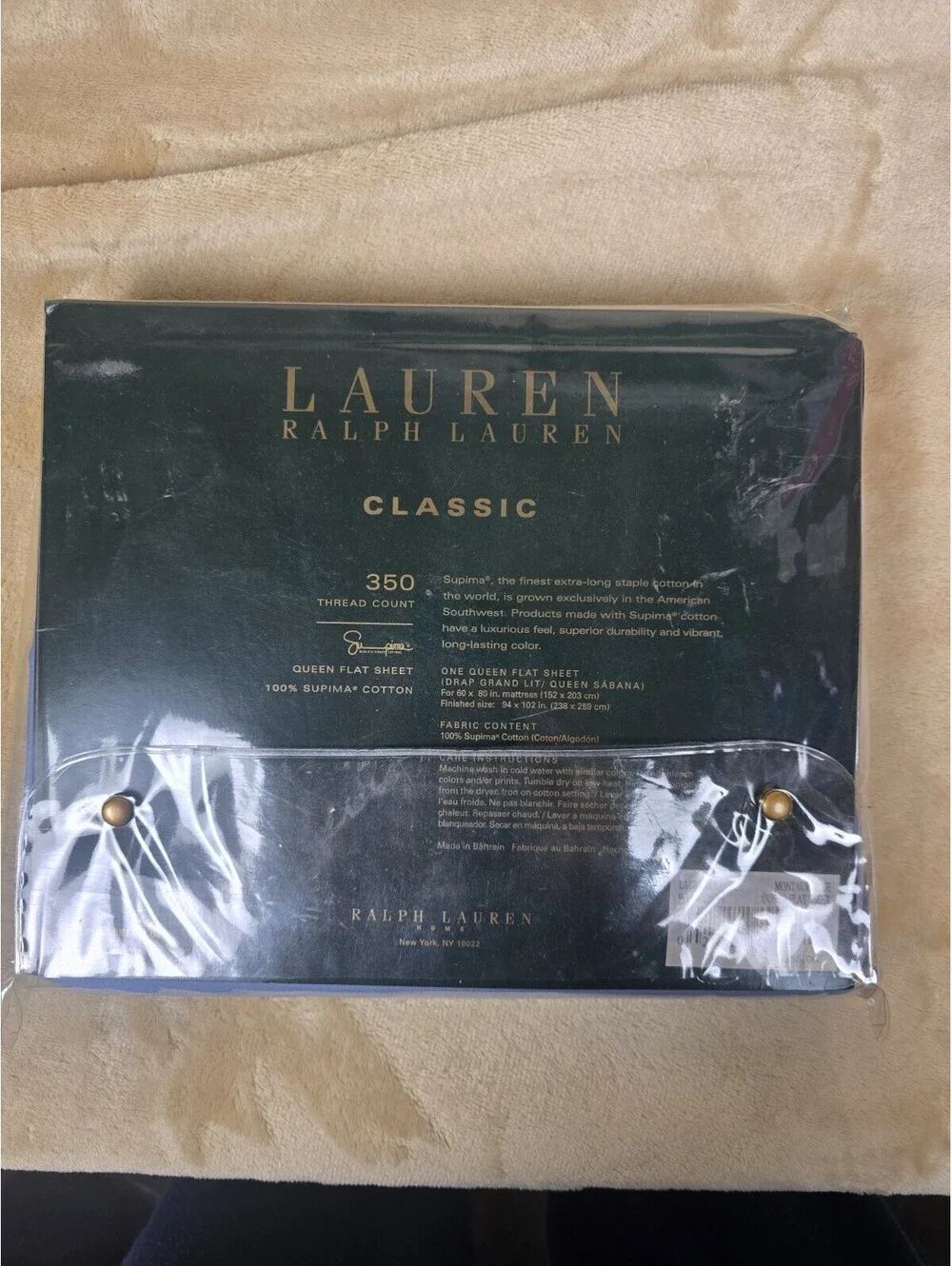 Ralph Lauren Regent 350T Sateen, Queen, Flat Sheet, Montauk Blue, New with tags
